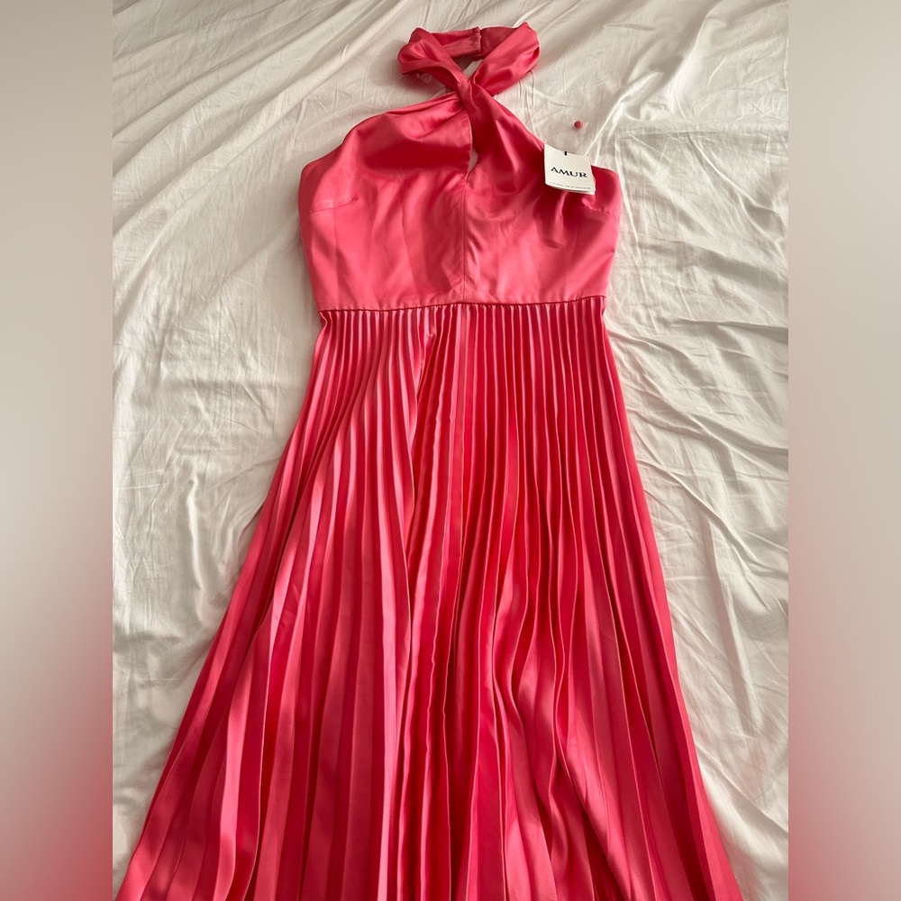 AMUR Kaleb Twist Halter Pleated Midi Dress in Hot pink - Picture 8 of 9